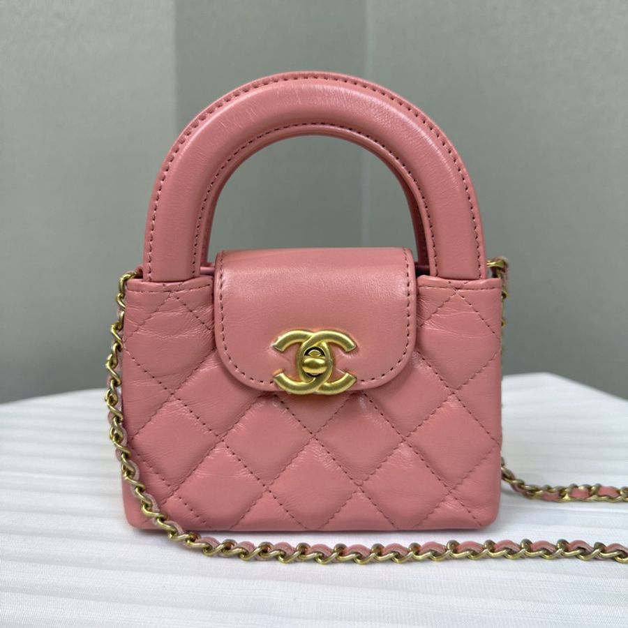 香奈兒/ Chanel Mini Kelly 粉色金扣鏈條斜背包12.5x4x8cm-0