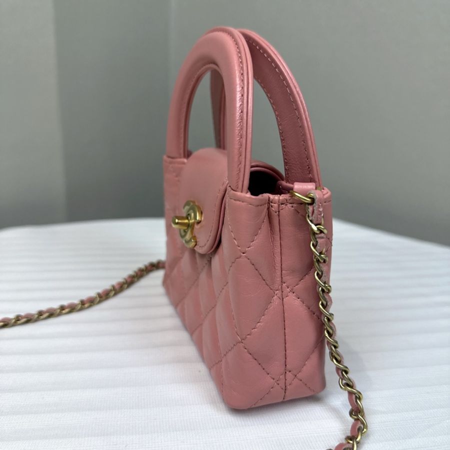 香奈兒/ Chanel Mini Kelly 粉色金扣鏈條斜背包12.5x4x8cm-2