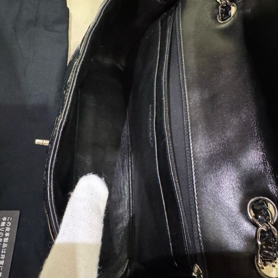 Chanel 香奈兒 maxi jumbo/CF口蓋包/漆皮黑銀款/95新美品-6