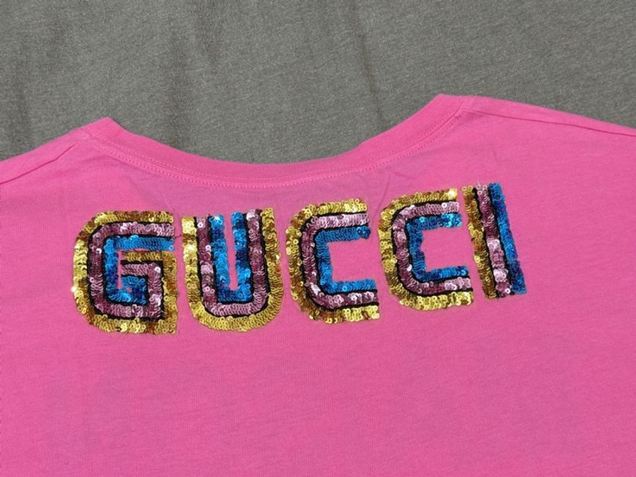 Gucci 粉色短袖T恤 粉色亮片字母-5