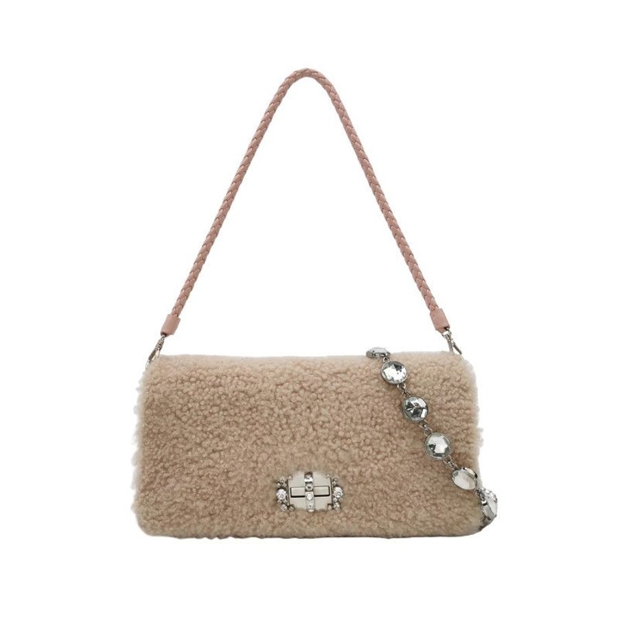 Miu Miu Miu Crystal系列羊皮毛絨珩縫鑽飾單肩包-0