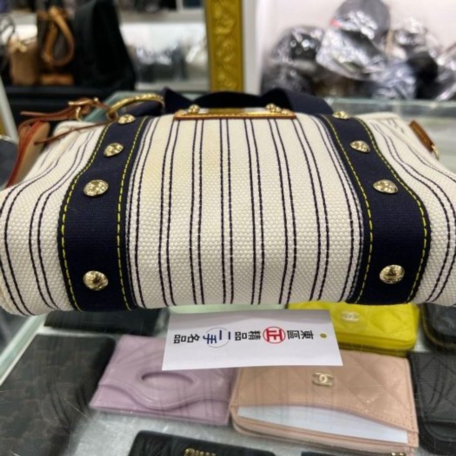 東區正精品㊣LV M40134 CABAS PM NAVY STRIPED 白色併海軍藍色條紋帆布包金牌手提包小款 RZ5275-7