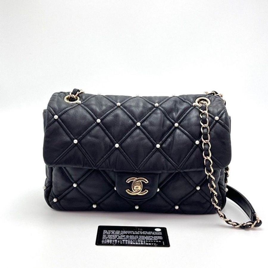 CHANEL 黑金限量珍珠鉚釘CF肩背斜背包24*14*7.5 9新 配件保卡塵袋-1