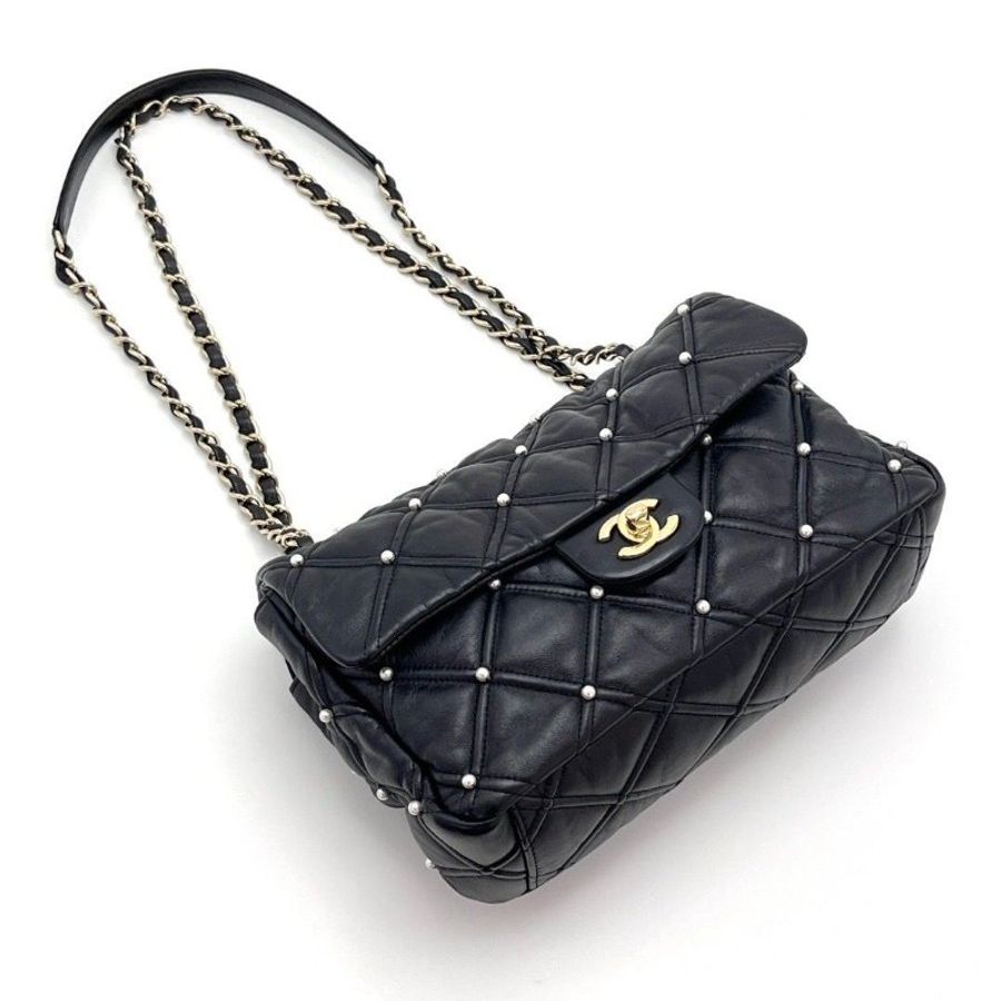 CHANEL 黑金限量珍珠鉚釘CF肩背斜背包24*14*7.5 9新 配件保卡塵袋-3