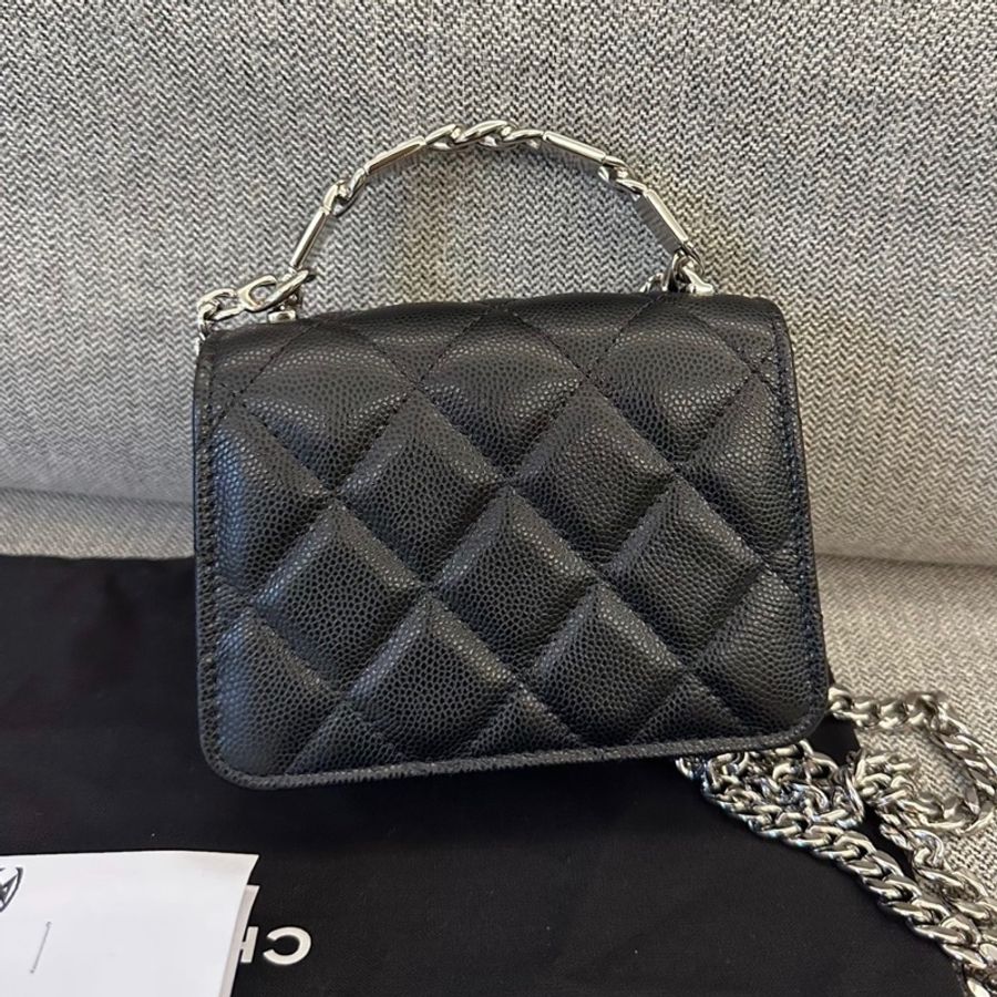 【98%新 ✨ 全網最低價】 32開 Chanel woc風琴包 22S琺瑯手柄 黑銀 荔枝皮 公文小廢包-1