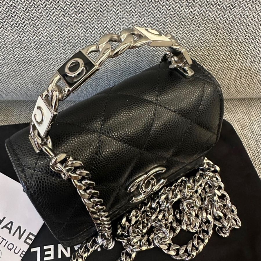【98%新 ✨ 全網最低價】 32開 Chanel woc風琴包 22S琺瑯手柄 黑銀 荔枝皮 公文小廢包-2