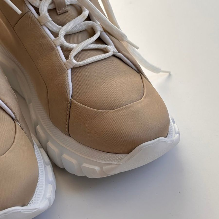 ::PRADA:: Calzature Donna Sneakers 沙色尼龍潮流白底高筒休閒鞋 運動鞋 (38.5號)-2