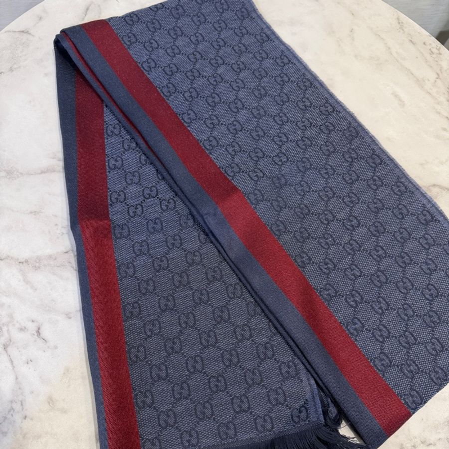 Gucci 藍Logo紅邊絲質圍巾-0