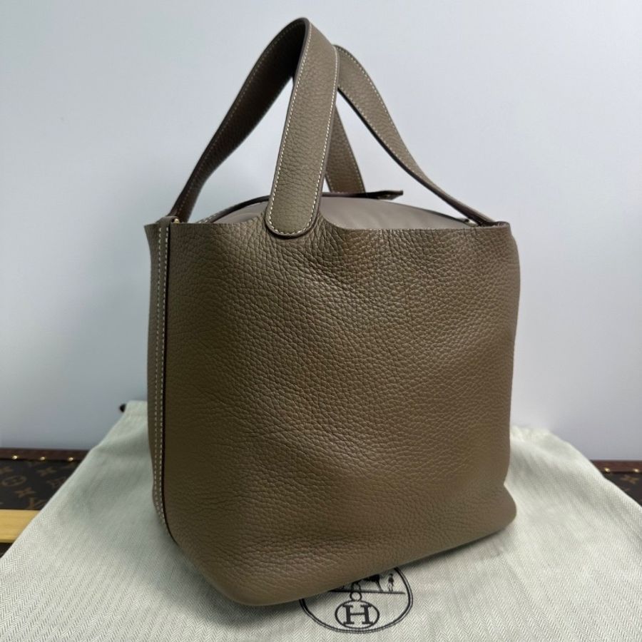 HERMES 大象灰金扣菜籃子22手提袋22*22*18 99新配件塵袋購證鎖鑰匙-4