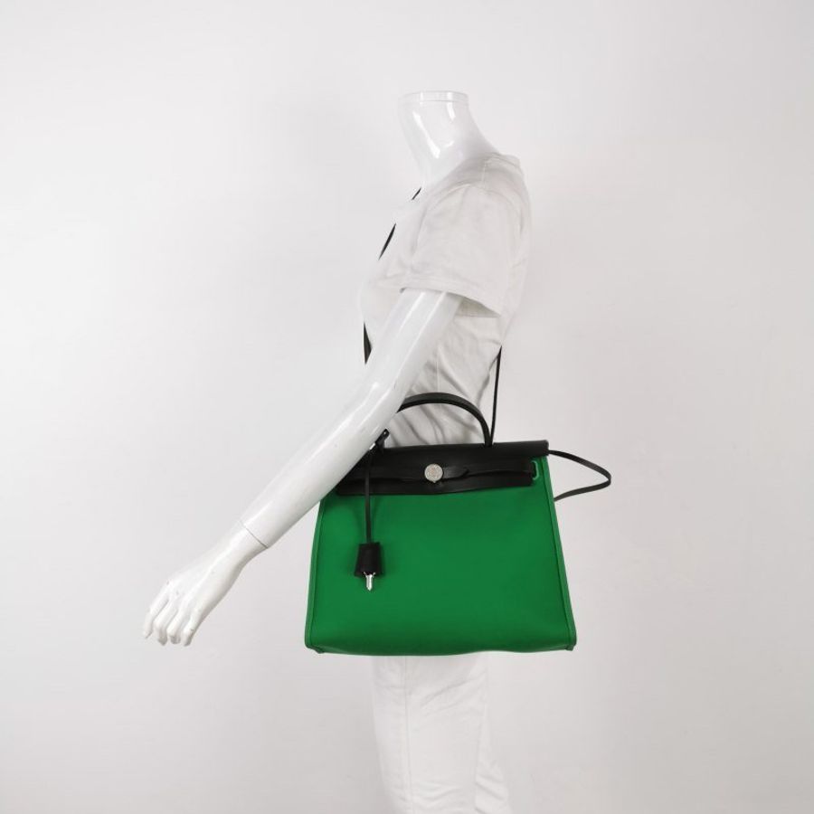 Hermes Herbag31馬鞍釘鎖扣斜挎包單肩包Hunter牛皮帆布銀扣89黑色1K竹子綠D刻-1