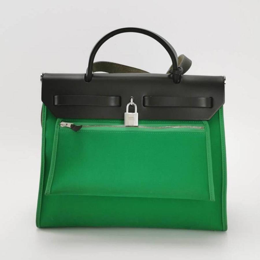 Hermes Herbag31馬鞍釘鎖扣斜挎包單肩包Hunter牛皮帆布銀扣89黑色1K竹子綠D刻-5
