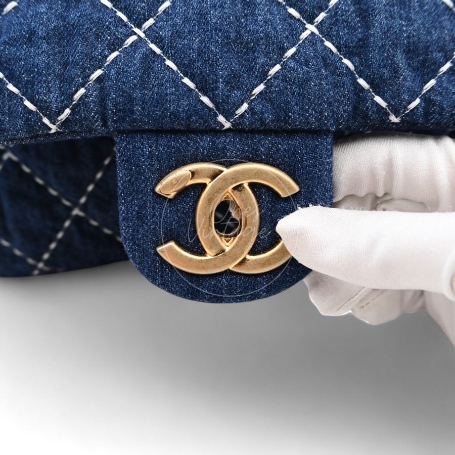 中古 Chanel 香奈兒 Classic Flap Bag 丹寧 深藍牛仔外縫線菱格紋CF 肩背 斜背 口蓋包 掀蓋包-21