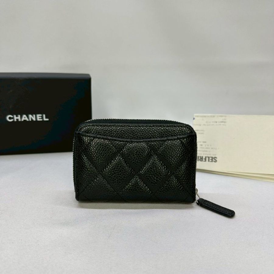 CHANEL 黑銀荔枝牛拉鍊零錢包-1