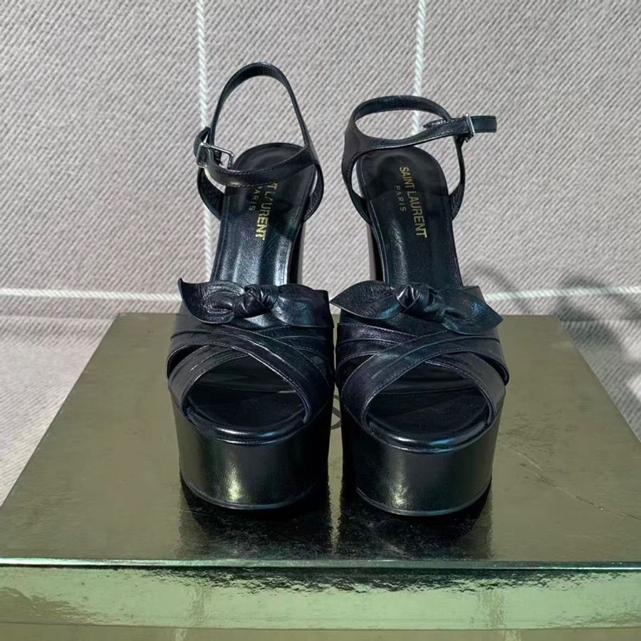 YSL/聖羅蘭粗跟防水台黑色蝴蝶結涼鞋35.5碼-0
