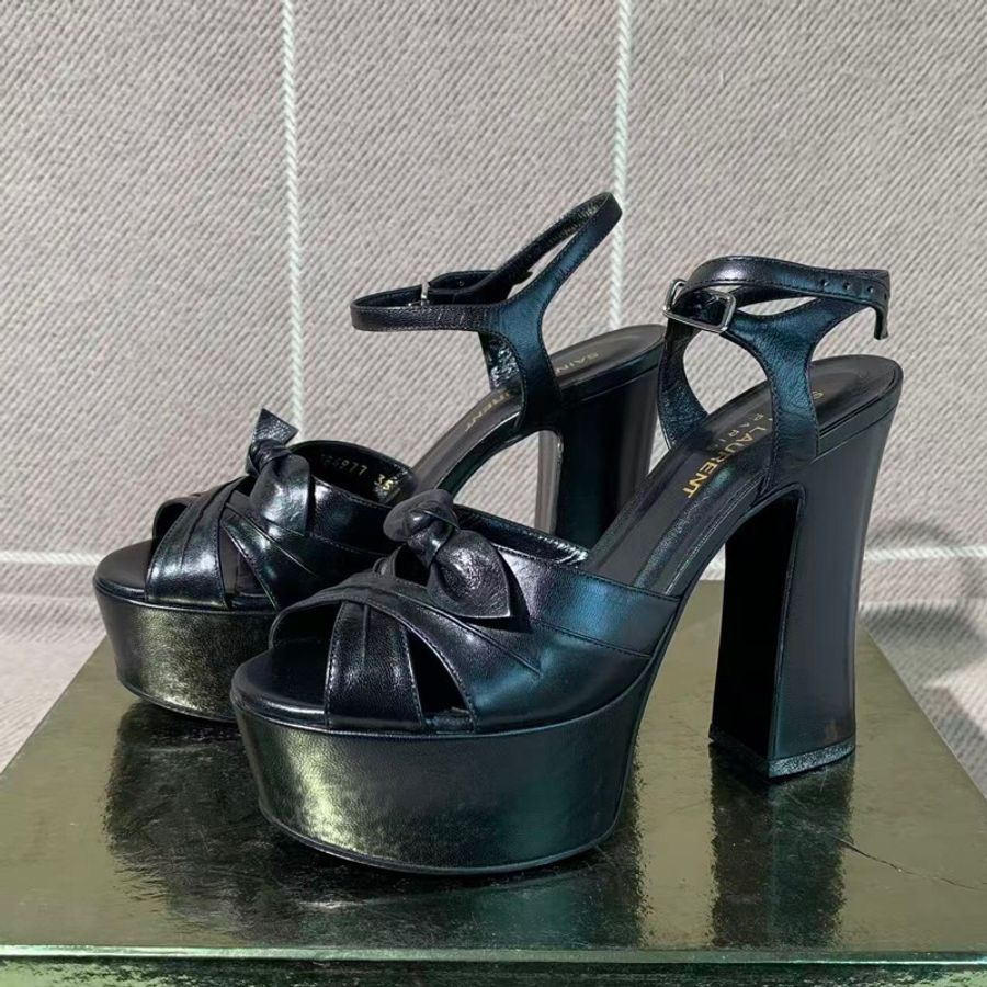 YSL/聖羅蘭粗跟防水台黑色蝴蝶結涼鞋35.5碼-2