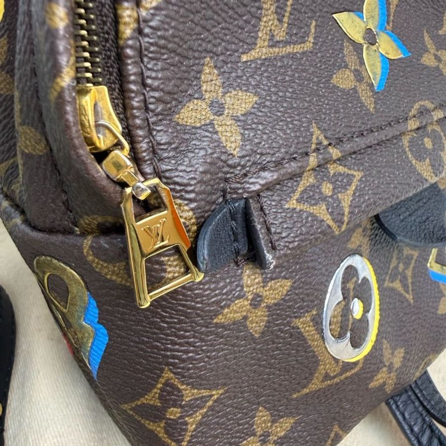 LV Palm Springs 棕色拼多色 老花拼鑰匙印花 塗層帆布 mini 雙肩包-6