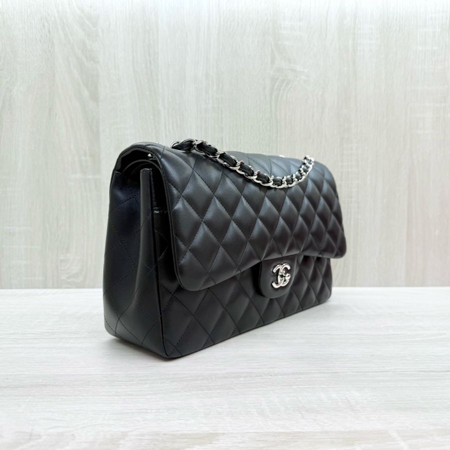 CHANEL黑銀菱格羊皮Jumbod coco30口蓋包A58600-3