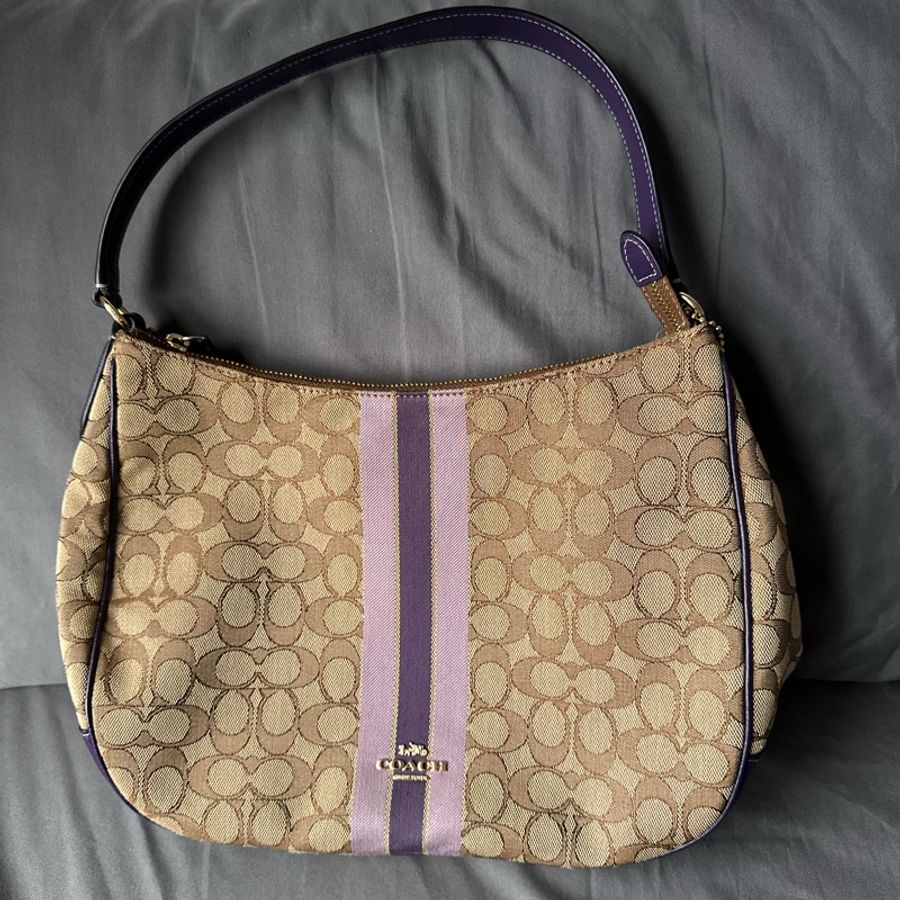 Coach 原色帆布 × 深紫色皮革肩帶 手提 / 肩背-0