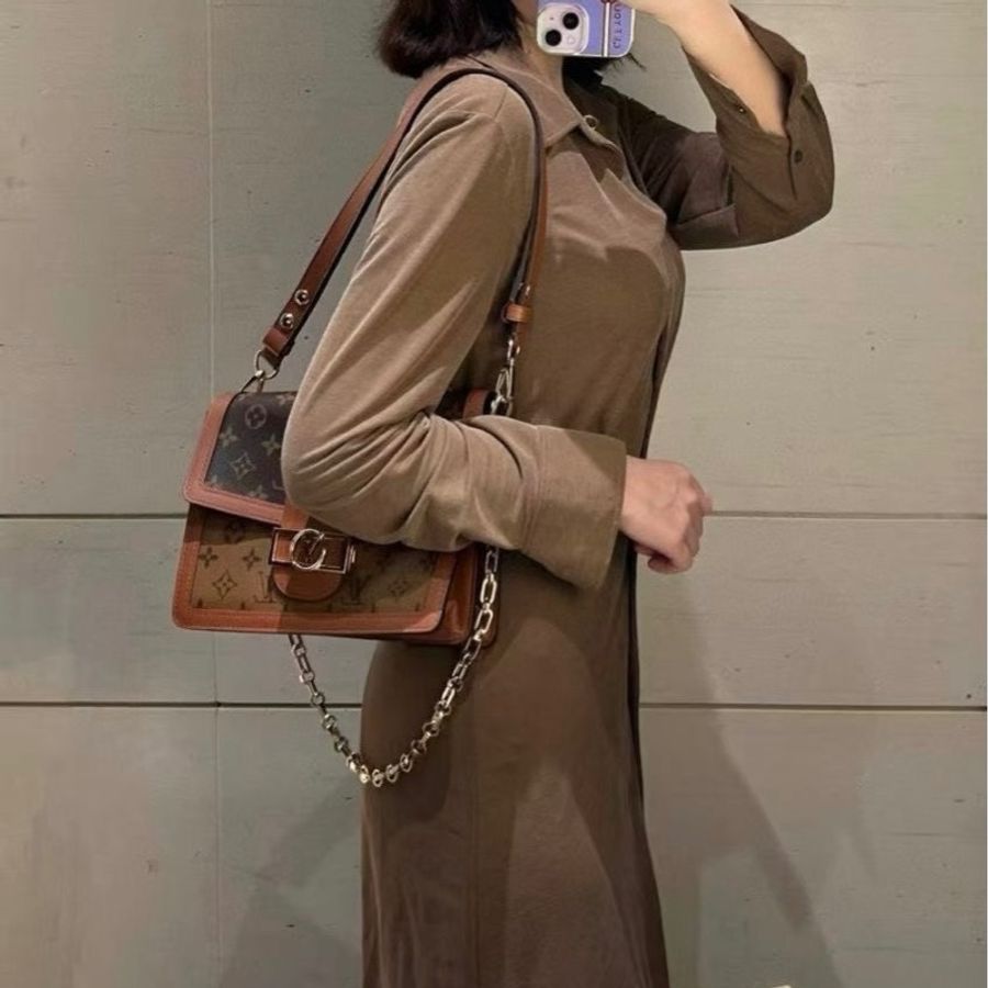 LV中號達芙妮dauphine拼色老花單肩斜挎包-9