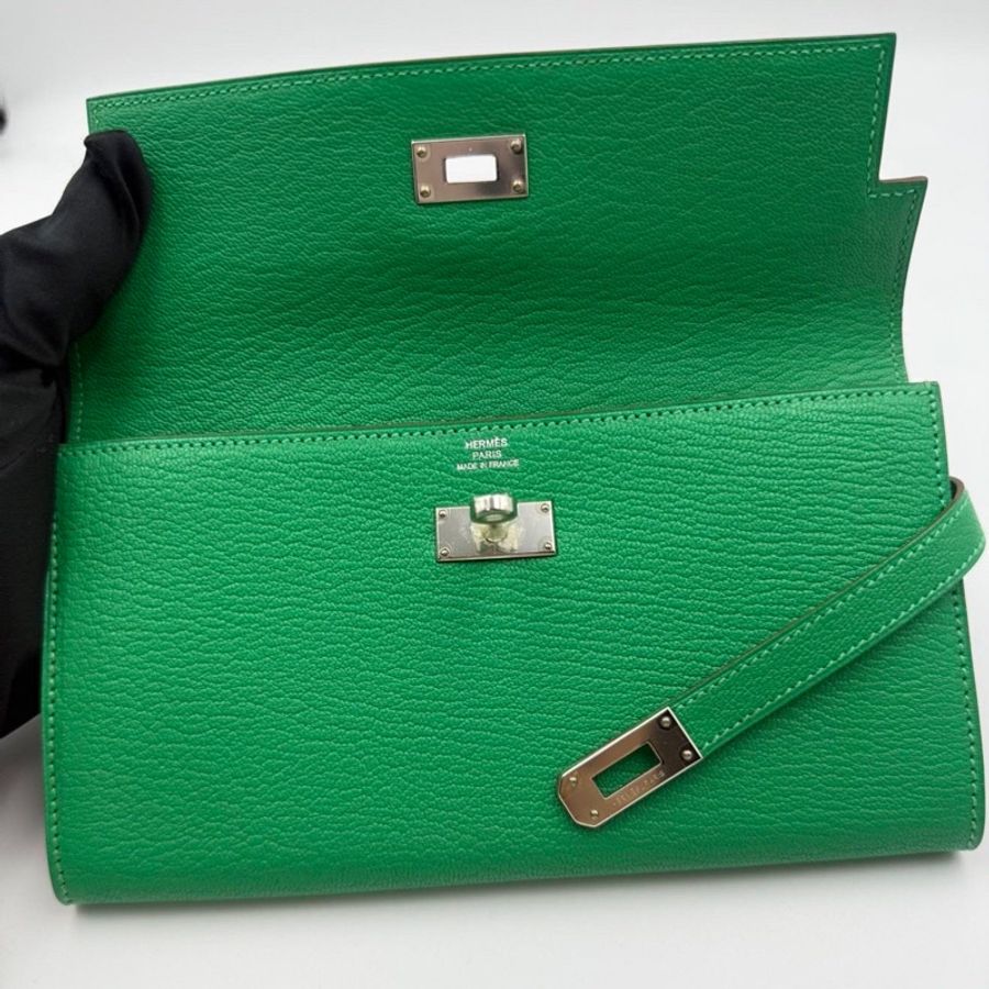 🌈Hermes💚Kelly Wallet💚竹子綠色銀扣🌟99.8新閑置💚貼膜在🌟山羊皮🌟愛馬仕🌟-3