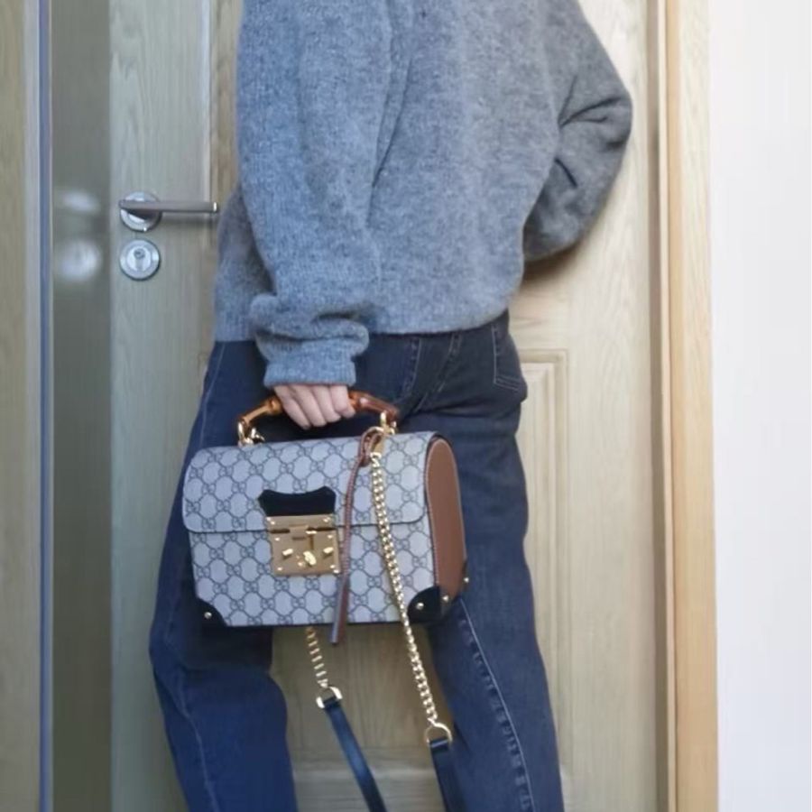 GUCCI Padlock限定秀款老花竹節手提斜背盒子包23×16×9 98新配件塵袋-0