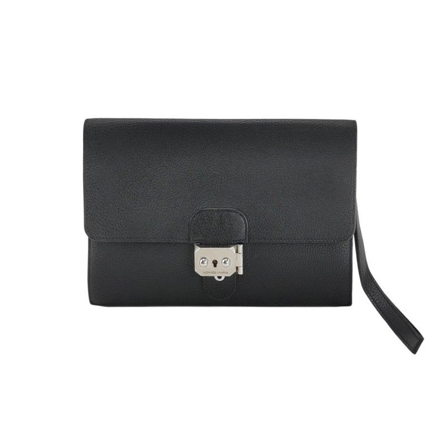 Hermes Sac ADepeches24插扣手拿包Togo牛皮銀扣89黑色-0
