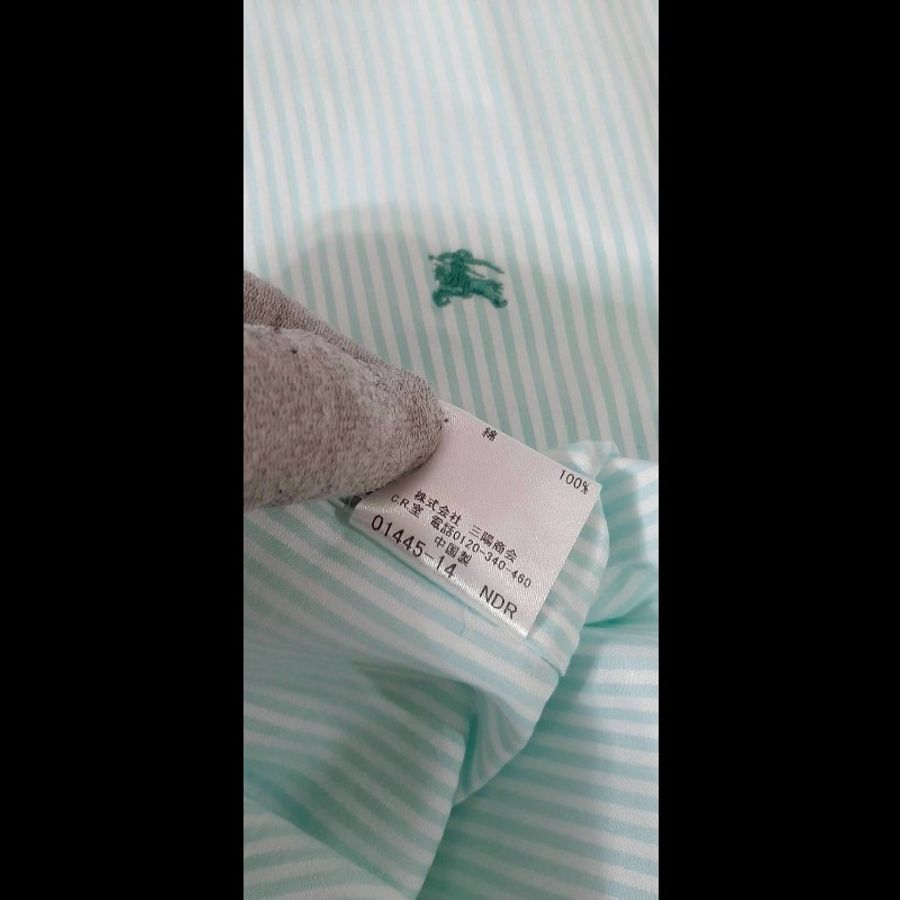 絕版BURBERRY 博柏利 BLACK LABEL 黑標 戰馬 男綠白條紋半開襟七分袖襯衫2號-8