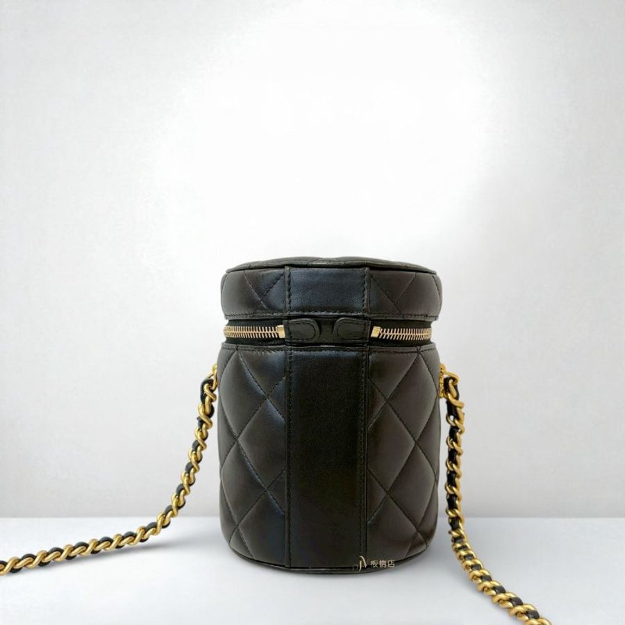 JS0097-Chanel 黑色羊皮菱格圓桶金鍊肩背包AS2735-3