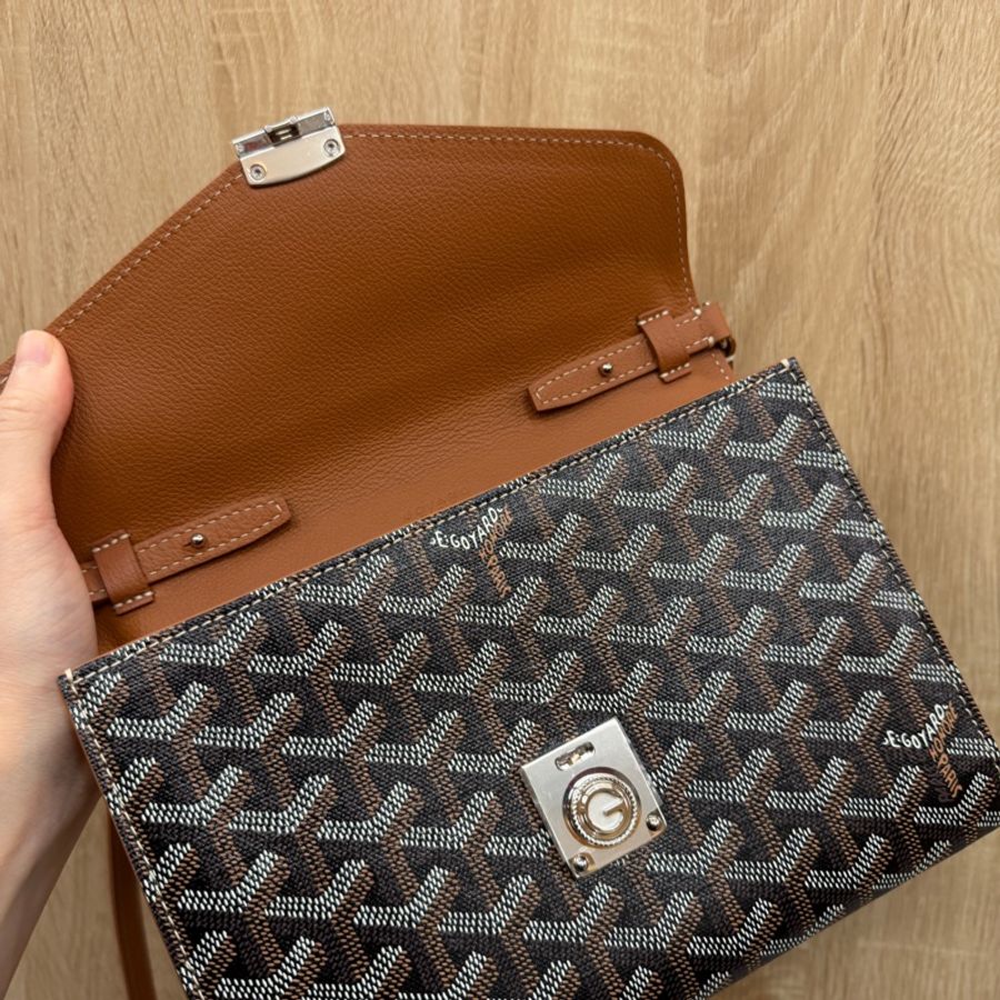 Goyard PVC咖牛皮銀釦Chypre 6卡斜背WOC-9
