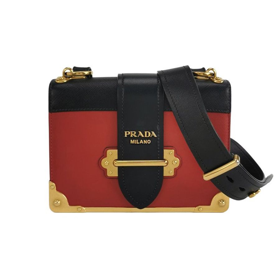 Prada Cahier牛皮撞色字母logo插扣斜挎包單肩包-0