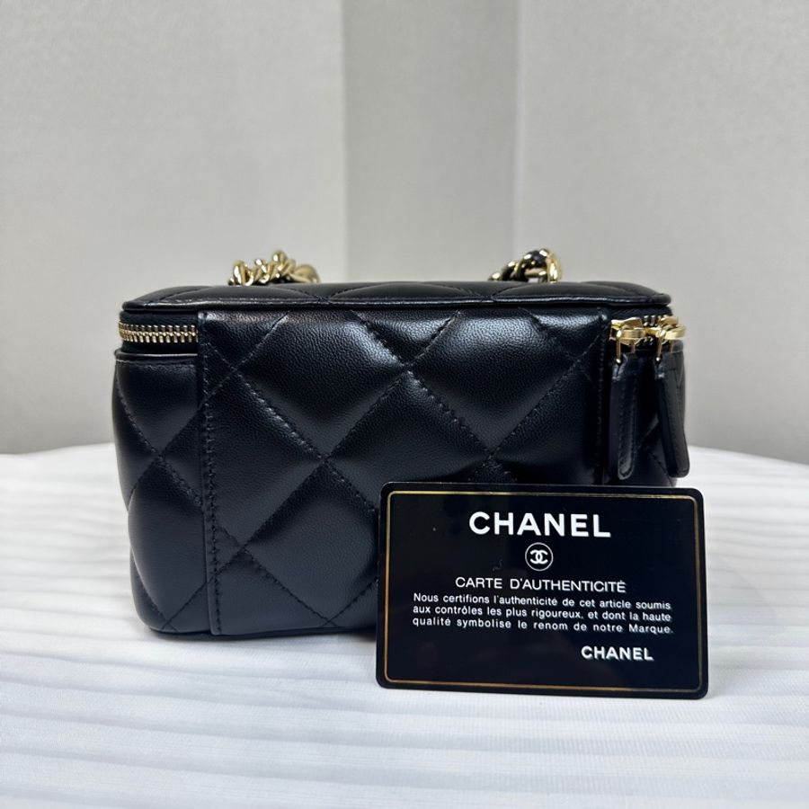香奈兒/Chanel Vanity Case 黑色羊皮菱格紋長盒子斜背包 17x9.5x8cm-9