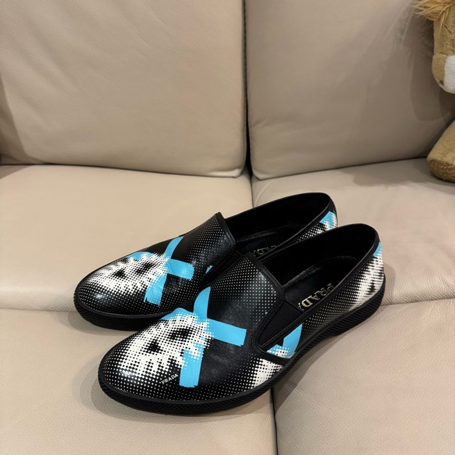 （已預留）Prada 普拉達 藍白圖紋黑皮鞋/36號/99新美品）-5