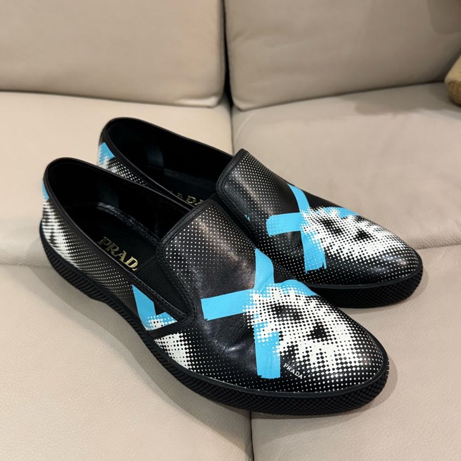 （已預留）Prada 普拉達 藍白圖紋黑皮鞋/36號/99新美品）-11