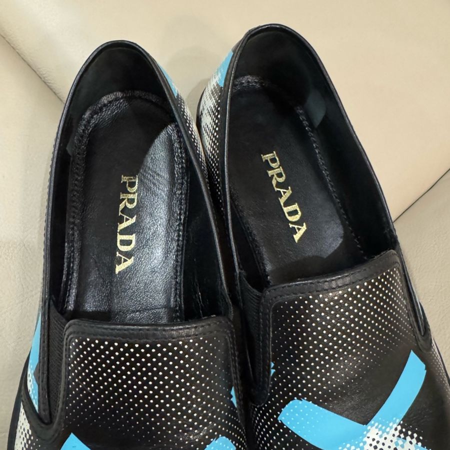 （已預留）Prada 普拉達 藍白圖紋黑皮鞋/36號/99新美品）-13