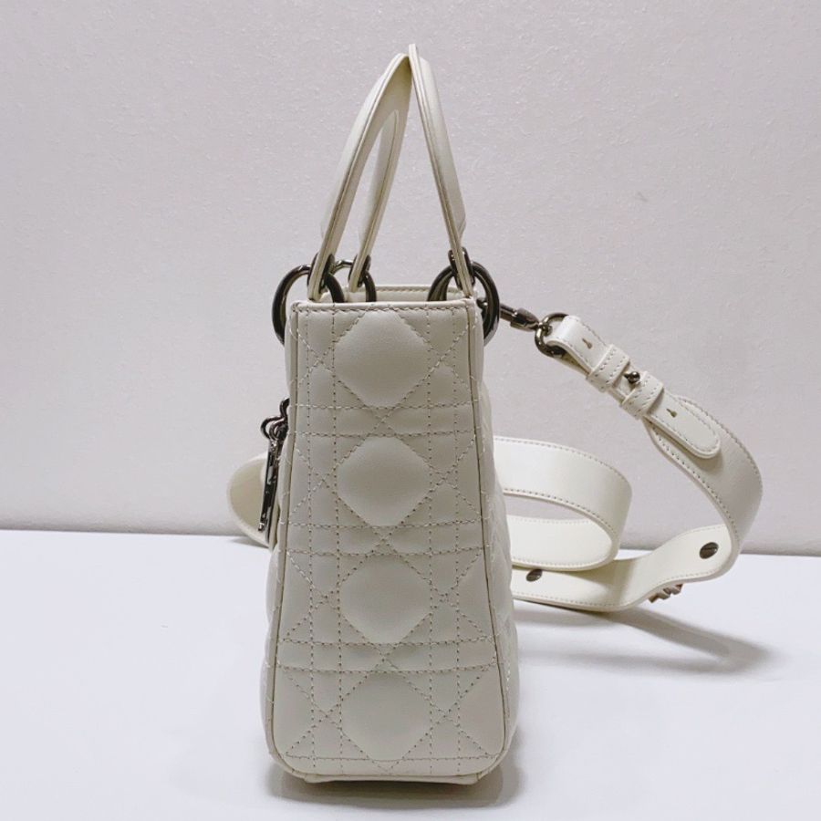 Dior 白色四格羊皮菱格紋黛妃包20×17×6 98新配件塵袋-5