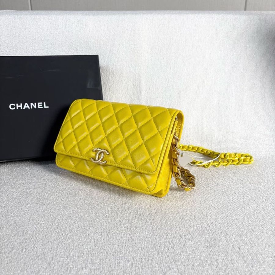 Chanel woc黃色金扣羊皮雙色粗鏈條芯片款19*12*4 98新配件塵袋盒子-4