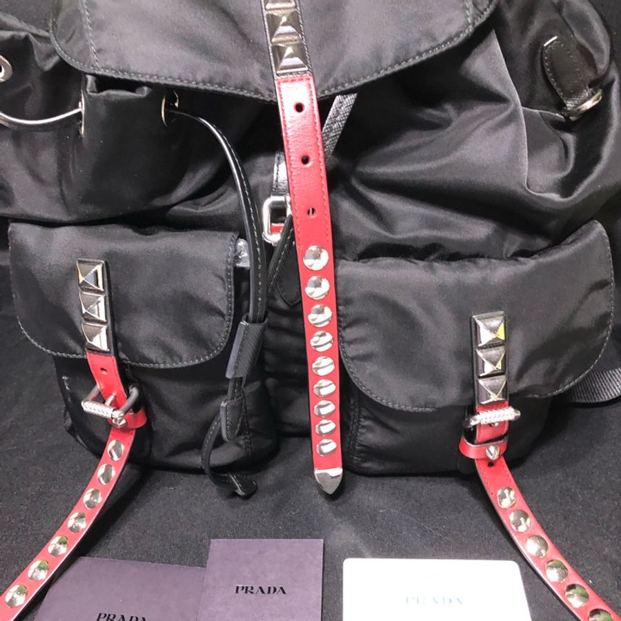 PRADA 普拉達火紅撞色皮革鉚釘尼龍後背包-7