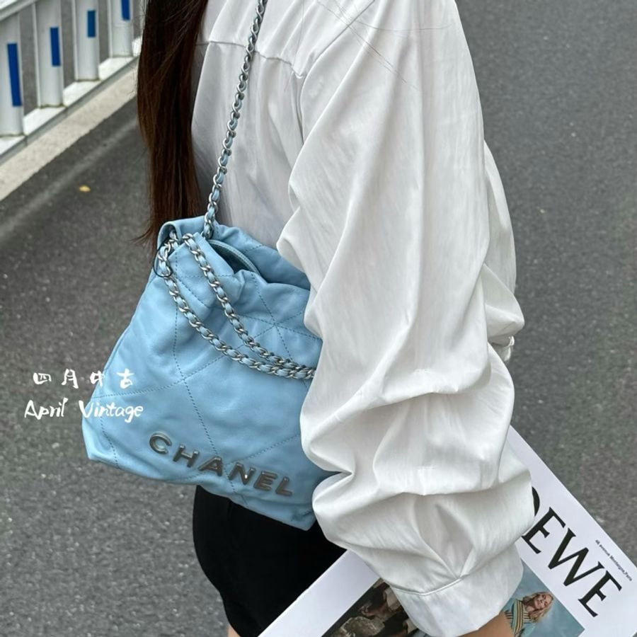 ෆ Chanel 22bag mini垃圾袋 奶油藍-2