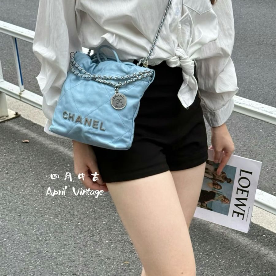 ෆ Chanel 22bag mini垃圾袋 奶油藍-3
