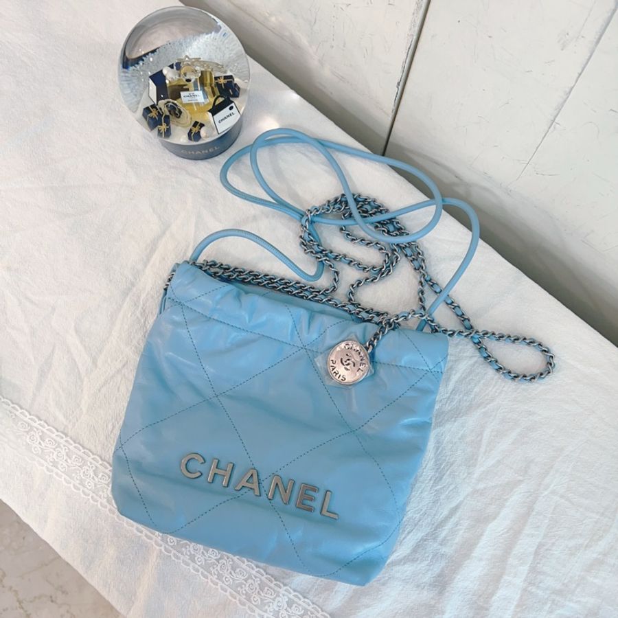 ෆ Chanel 22bag mini垃圾袋 奶油藍-7