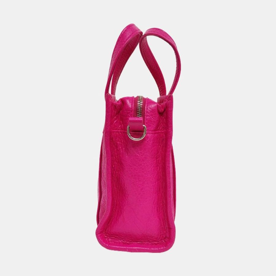 BALENCIAGA Bazar玫紅色牛皮單肩包手提包斜挎包銀色五金可拆卸肩帶-2