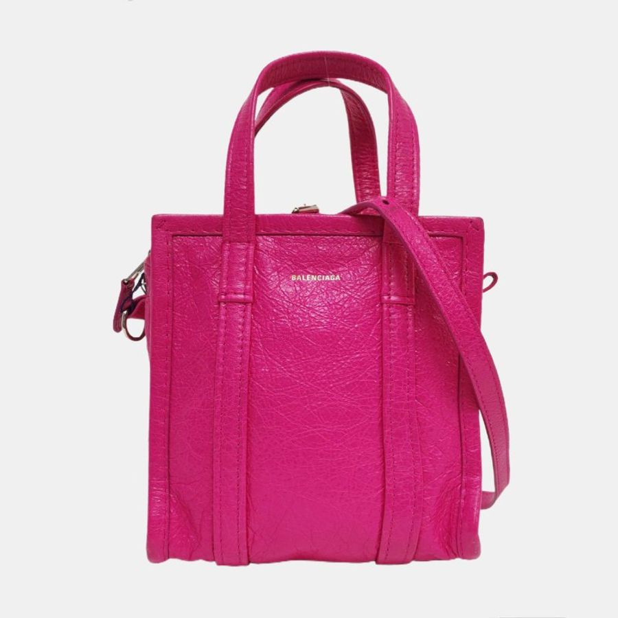 BALENCIAGA Bazar玫紅色牛皮單肩包手提包斜挎包銀色五金可拆卸肩帶-7