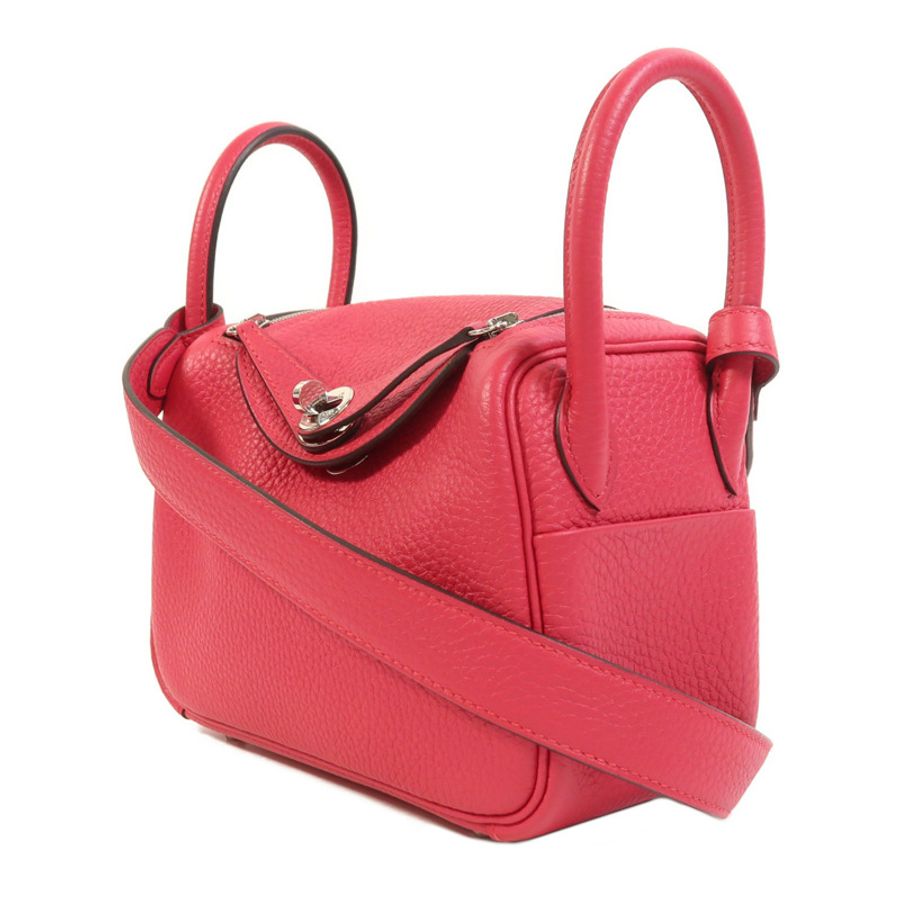 HERMES Clemence皮革Mini Lindy銀扣手挽肩背兩用袋Rose Extreme-2