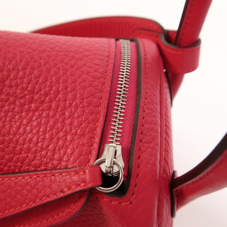 HERMES Clemence皮革Mini Lindy銀扣手挽肩背兩用袋Rose Extreme-17