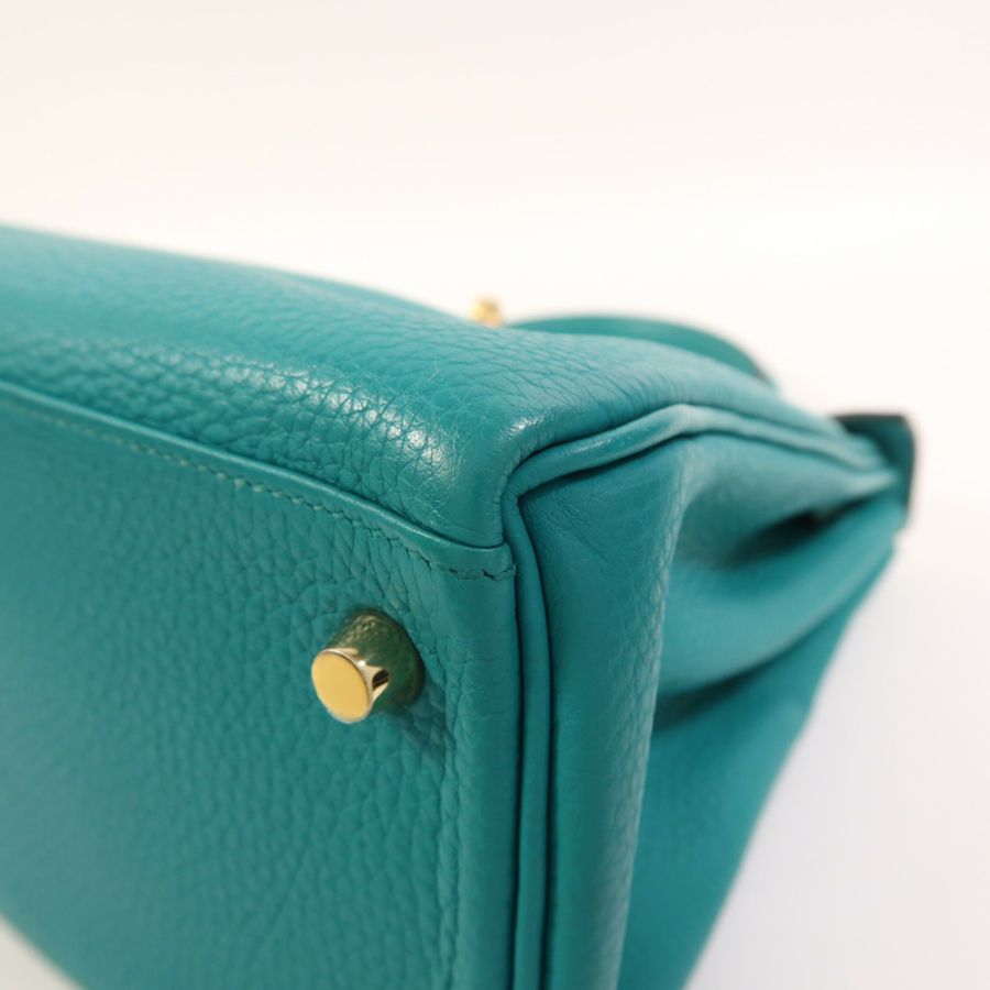 HERMES Togo皮革Kelly 28金扣手挽肩背兩用袋Bleu Paon-10