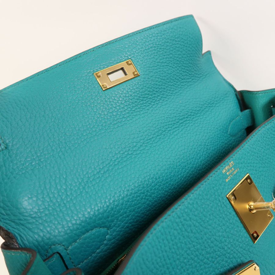 HERMES Togo皮革Kelly 28金扣手挽肩背兩用袋Bleu Paon-15