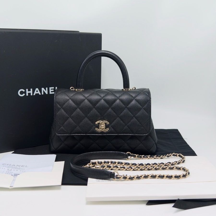CHANEL 黑金黑手柄小號Cocohandle手提斜背包23*14*9 98新配件盒子塵袋購證-1