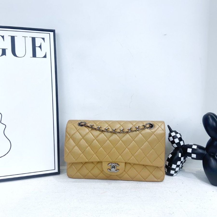 【CHANEL】香奈兒 Caviar Classic Flap Bag 25 焦糖色 銀扣 CF25 25x6x15 正品(二手)J0233-0