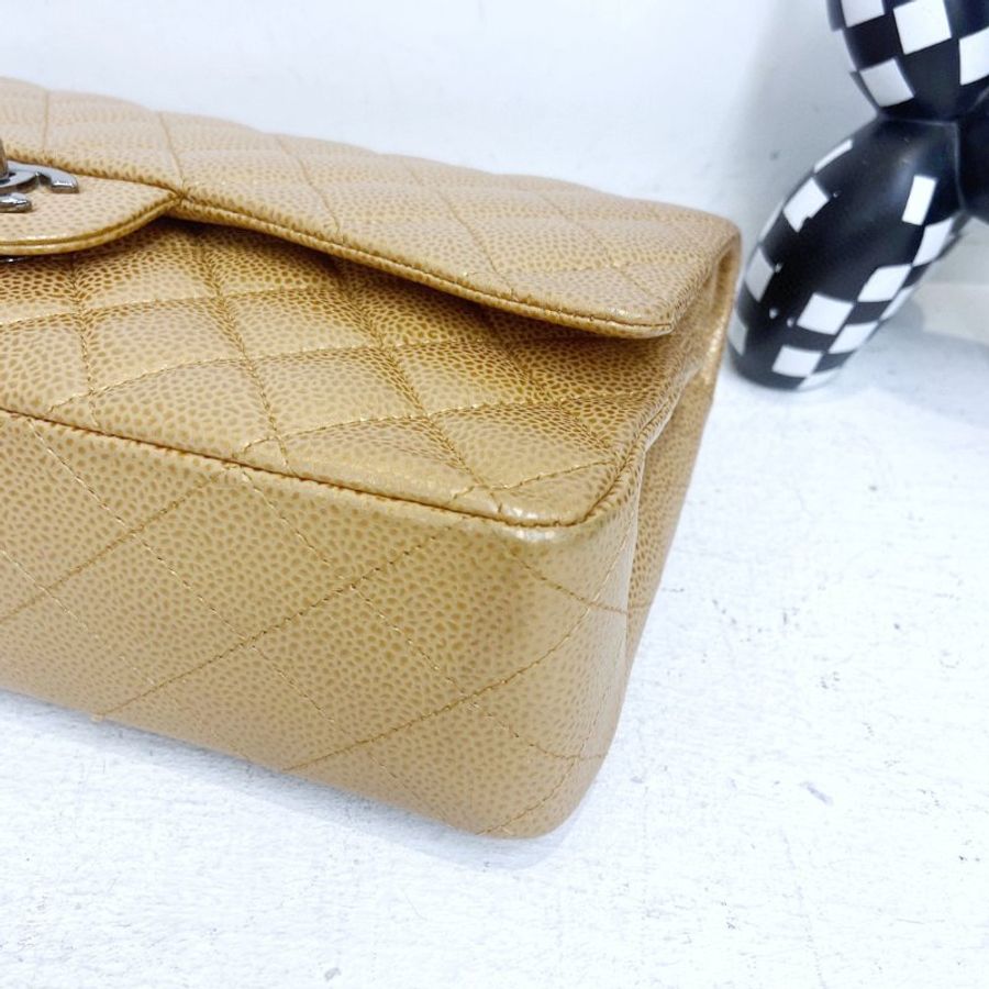 【CHANEL】香奈兒 Caviar Classic Flap Bag 25 焦糖色 銀扣 CF25 25x6x15 正品(二手)J0233-4