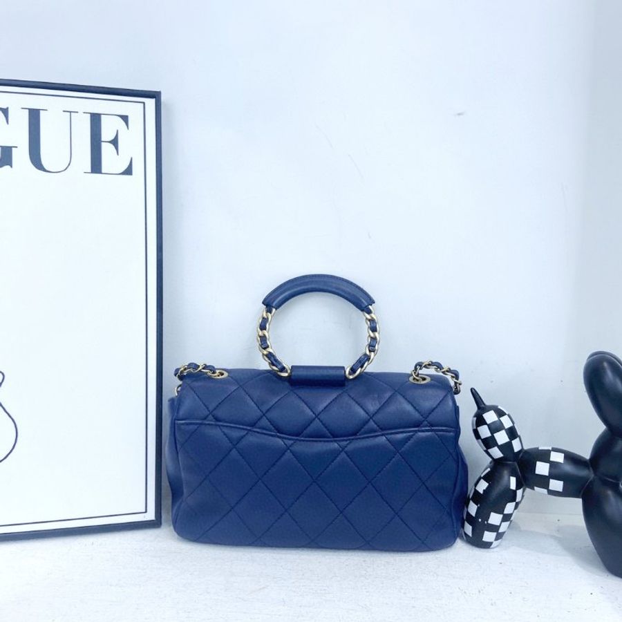 【CHANEL】香奈兒 Lambskin Classic Flap Bag 25 Handle 藍色 金扣 CF25手柄 25x6x14 正品（二手）K0288-1